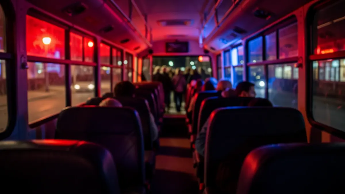Een wazige afbeelding van het interieur van een schoolbus 's nachts, met noodverlichting die een rood-blauwe gloed werpt op de lege stoelen.