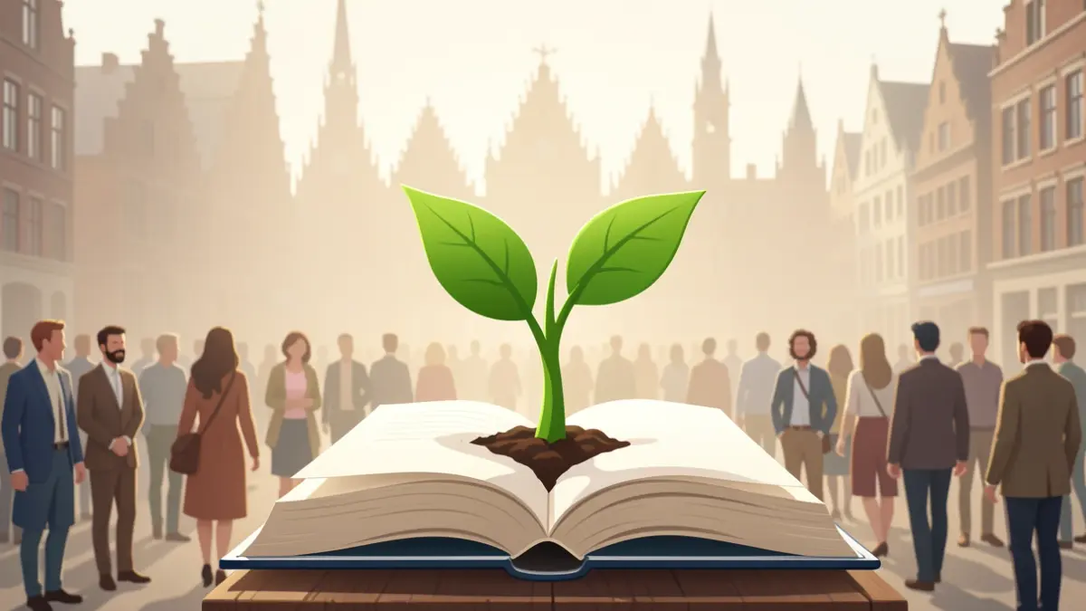 Een gestileerde illustratie van een groene zaailing die groeit uit een open boek, symbool voor duurzame ontwikkeling en lokale actie. Op de achtergrond een subtiele silhouet van Vlaamse architectuur.